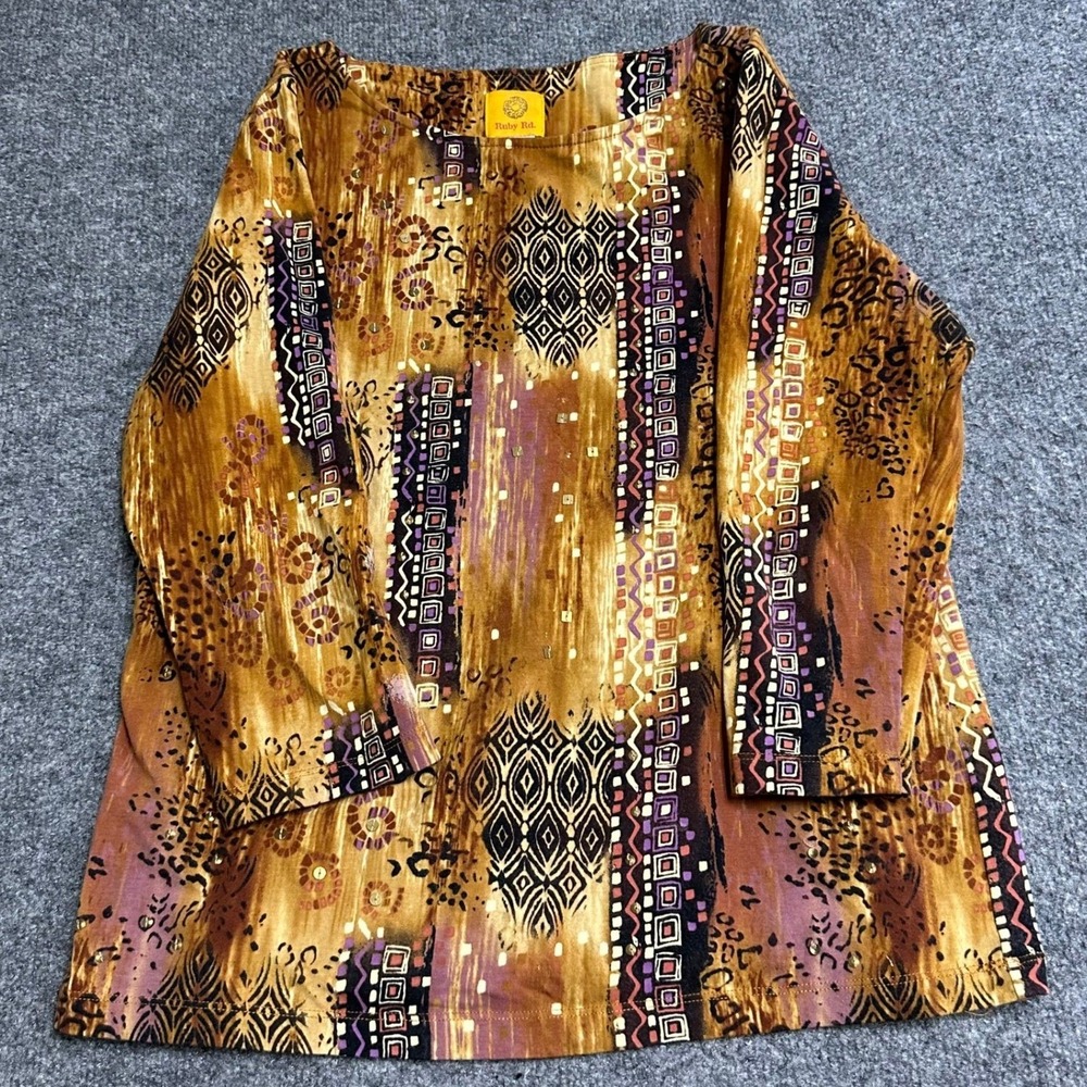 Ruby Rd. Top Womens Size M Brown Purple Geometric Animal Print Studded Casual